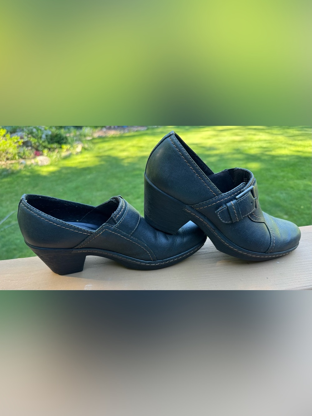 Clarks Deep Blue Leather Slip-On Heels with Side Buckle